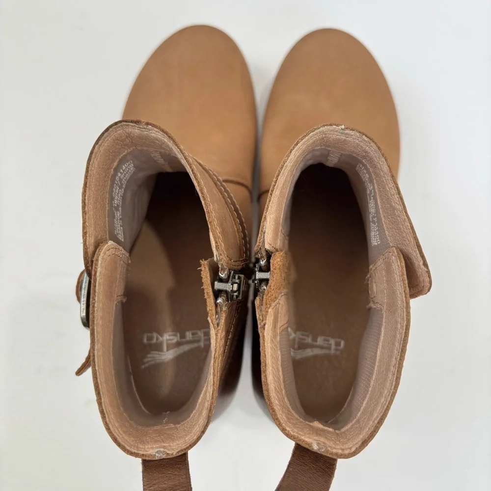 Dansko Anya Biscotti Brown Nude Leather Zip Buckled Platform Ankle Bootie 5.5/36